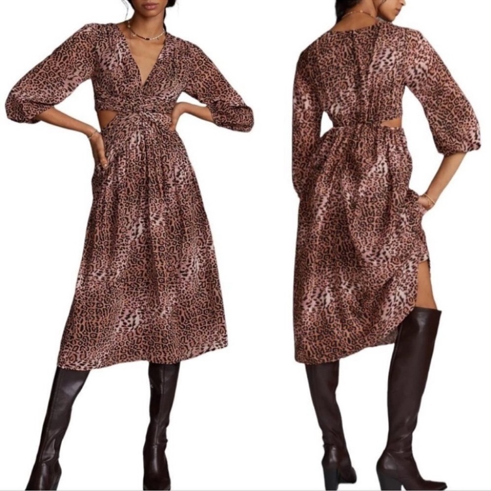 Anthropologie Brown Tan Wrap Midi Dress with Bishop Sleeves